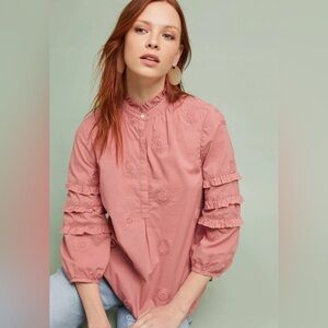 ANTHROPOLOGIE WOMENS ISABELLA SINCLAIR SUNFLOWER EMBROIDERED HENLEY BLOUSE